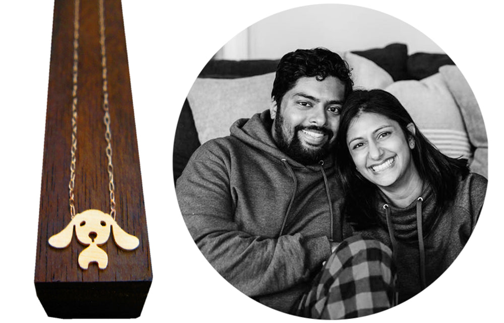 floppy ear puppy necklace and picture of a couple in cozy clothes minimalist jewelry animal jewelry solid gold