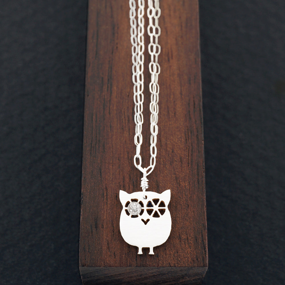 Baby Owl Necklace, Diamond Eyes, Silver | AF HOUSE