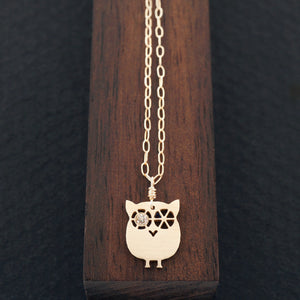 
            
                Load image into Gallery viewer, Baby Owl Necklace Wink With A Diamond In One Eye in Solid Gold | AF HOUSE
            
        