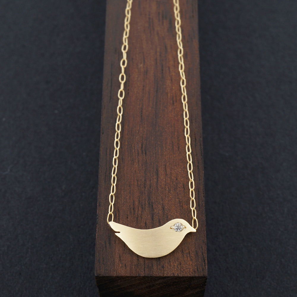 Diamond Eye Minimalist Bird Necklaces, Solid Gold -Attached to Chain-AF HOUSE