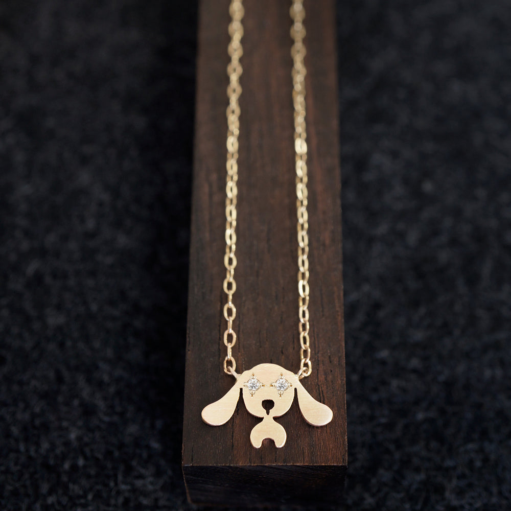Long Eared Dog Necklace with Optional Diamond Ons, Solid 14K Gold or Silver