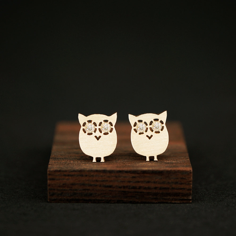 Owl Stud Earrings 14K Gold with Diamond Eyes | AF HOUSE