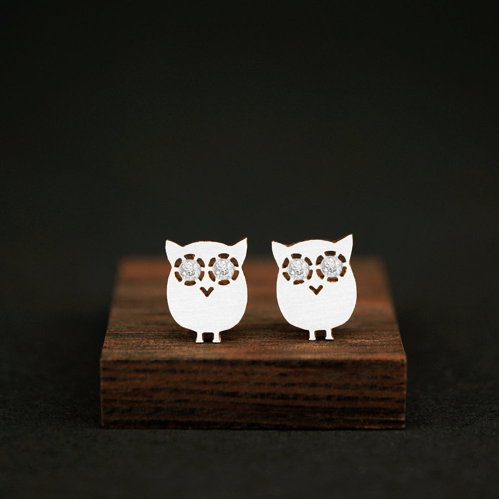 Owl Stud Earrings -Silver