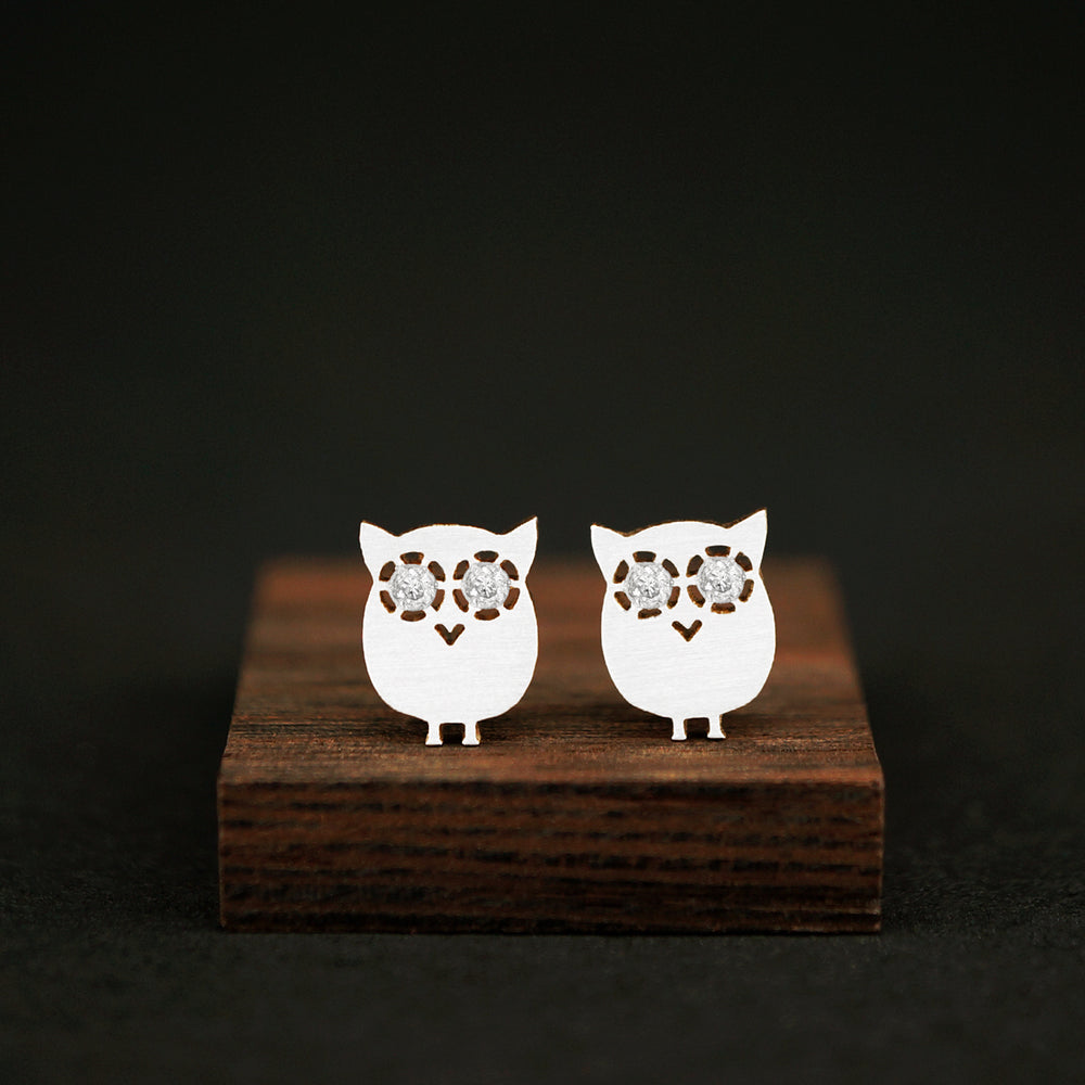 Owl Stud Earrings Silver with Diamond Eyes | AF HOUSE