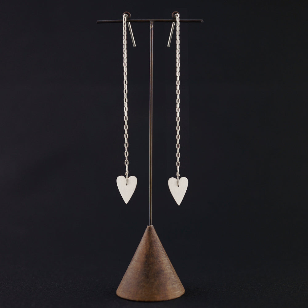 Skinny Heart Drop Chain Earrings-Silver