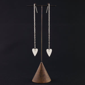 Skinny Heart Drop Chain Earrings-Silver