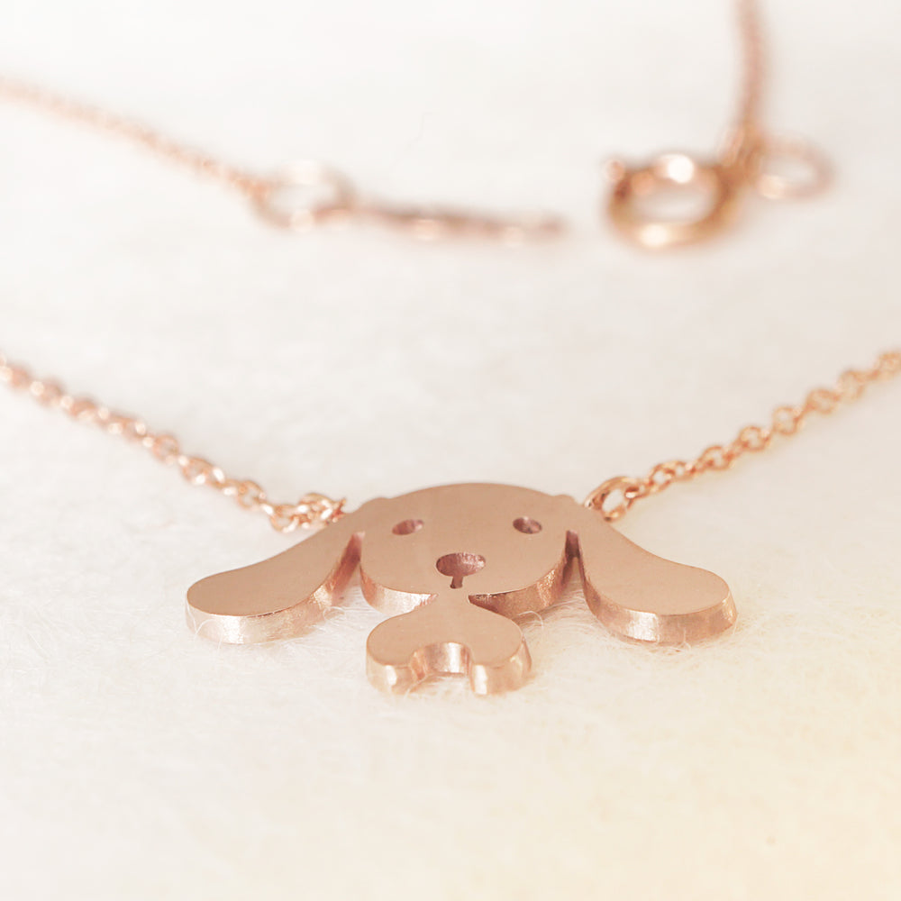 Long Eared Dog Necklace with Optional Diamond Ons, Solid 14K Gold or Silver